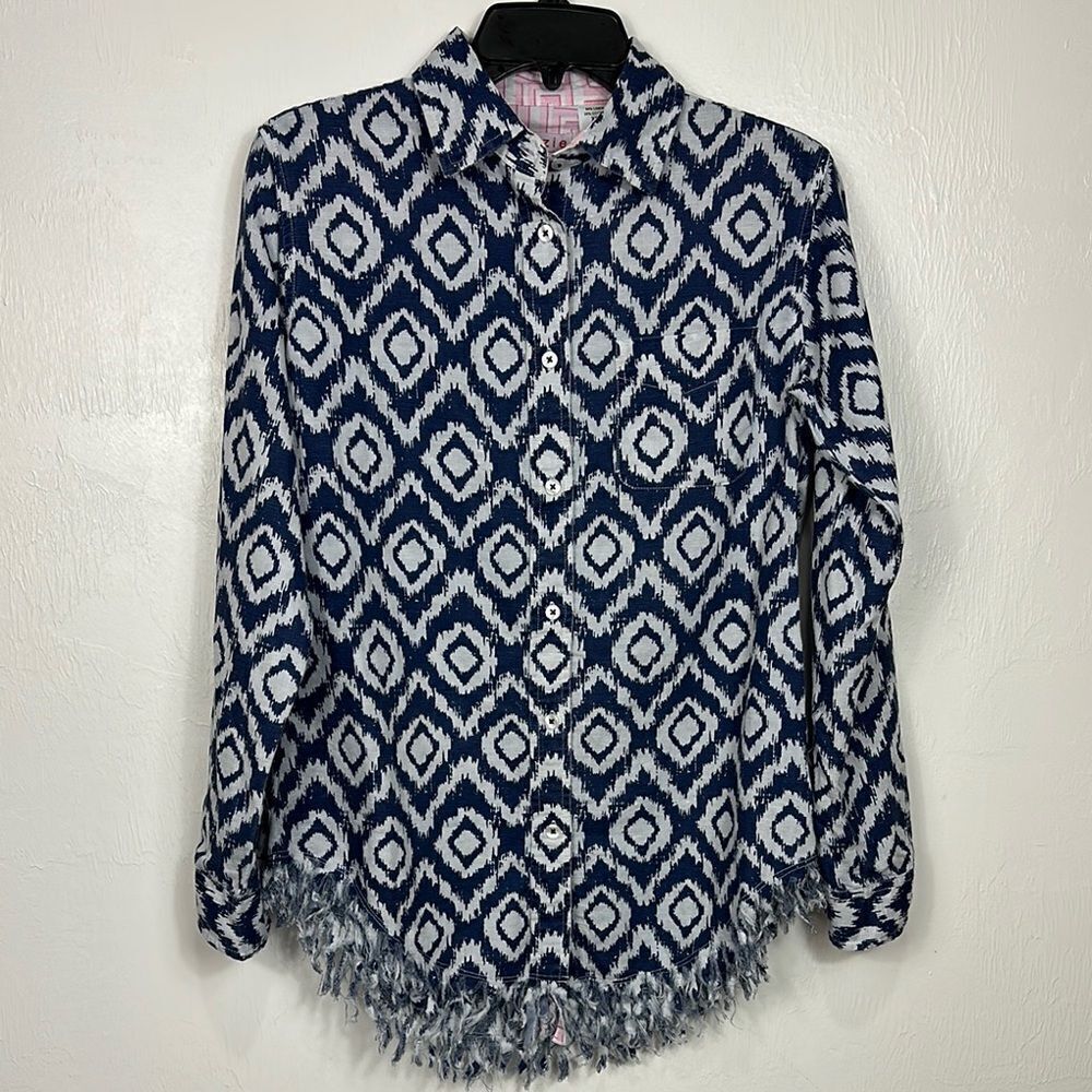 Tizzie Linen Blend Geo Print Fringe Hem Button-Up Shirt Size XS